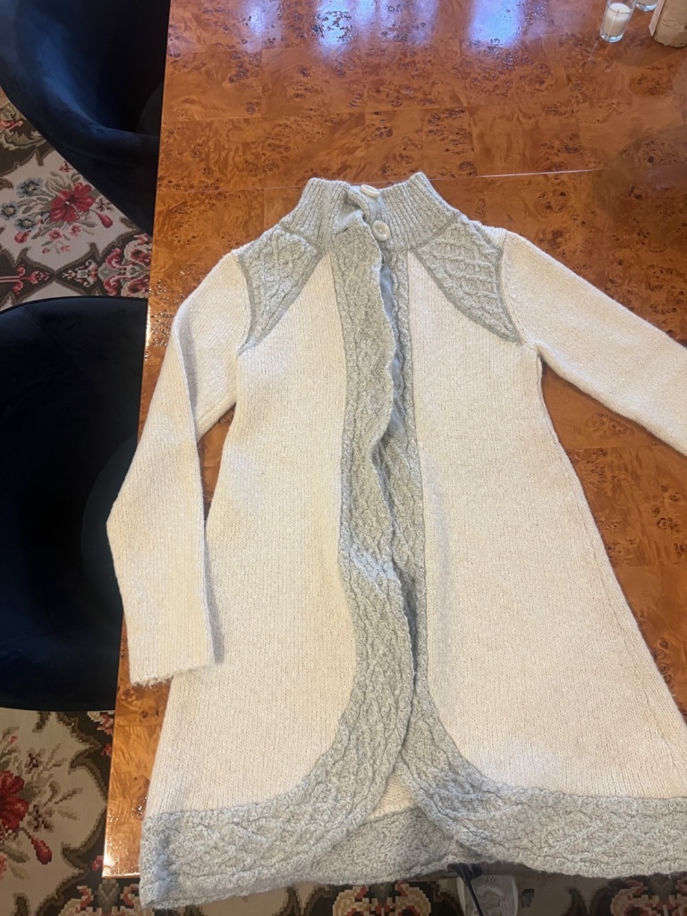 Prana Cream Cardigan with Light Gray Cable Trim